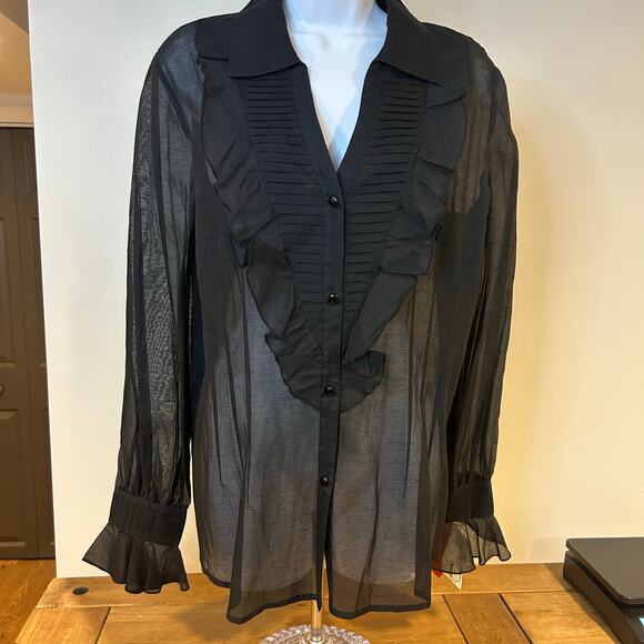 OSCAR DE LA RENTA Sz 14 Black Sheer Button Up Ruffle Pleated Classic Old Money - Picture 1 of 10